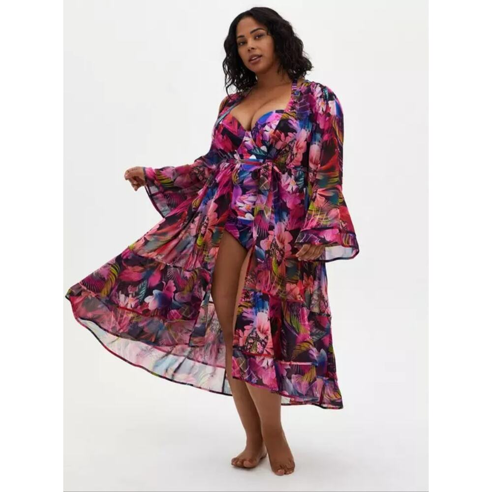 Torrid Maxi Chiffon Ruffle Hem Coverup Kimono NWT, Plus Size 1